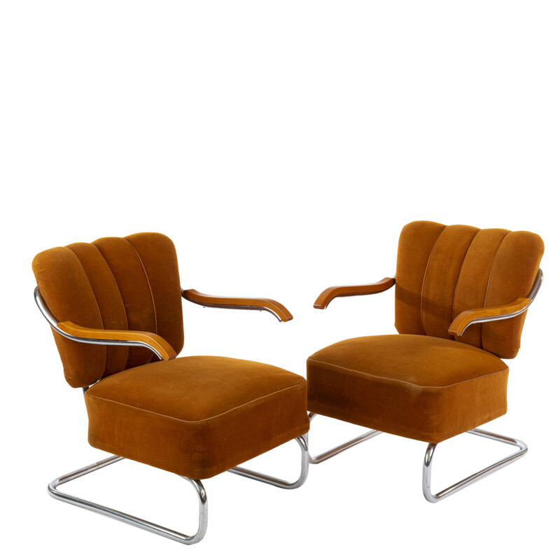 Pair of vintage cantilever armchairs in beech and velvet, 1930