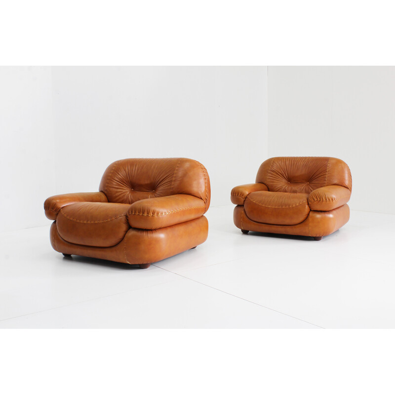 Pair of vintage cognac leather armchairs by Sapporo for Mobil Girgi, Italy 1970