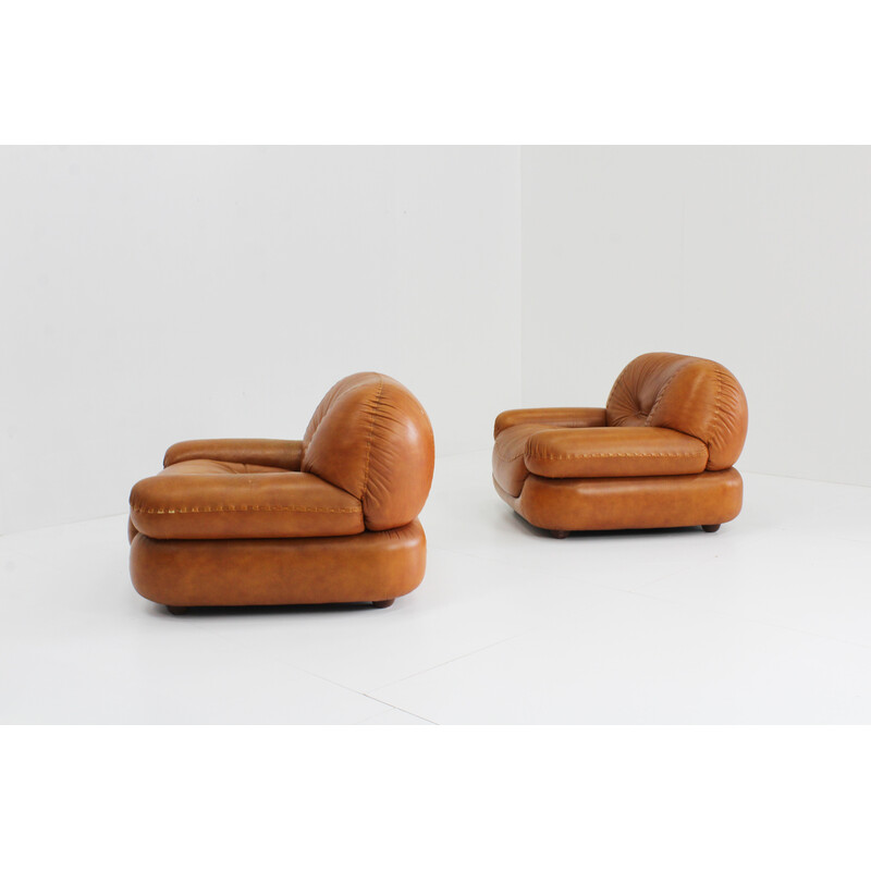 Pair of vintage cognac leather armchairs by Sapporo for Mobil Girgi, Italy 1970