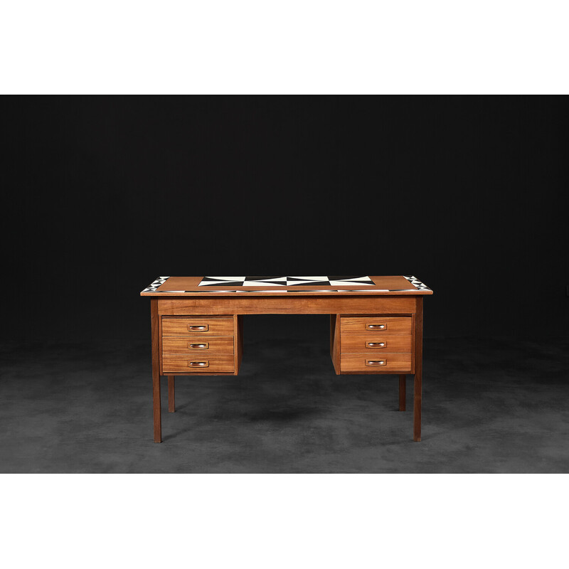 Bureau vintage scandinave en reak avec motif peint à la main sur le dessus, Danemark 1960