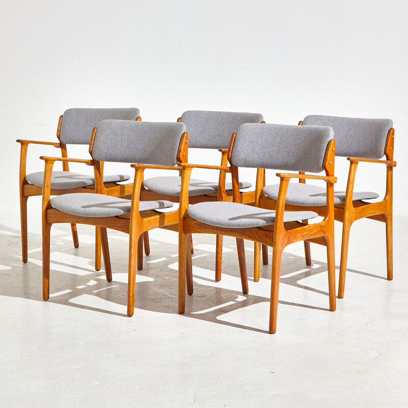 Set of 5 vintage oakwood armchair with wool upholstery model 49 by Erik Buch for O.D. Møbler, 1960s