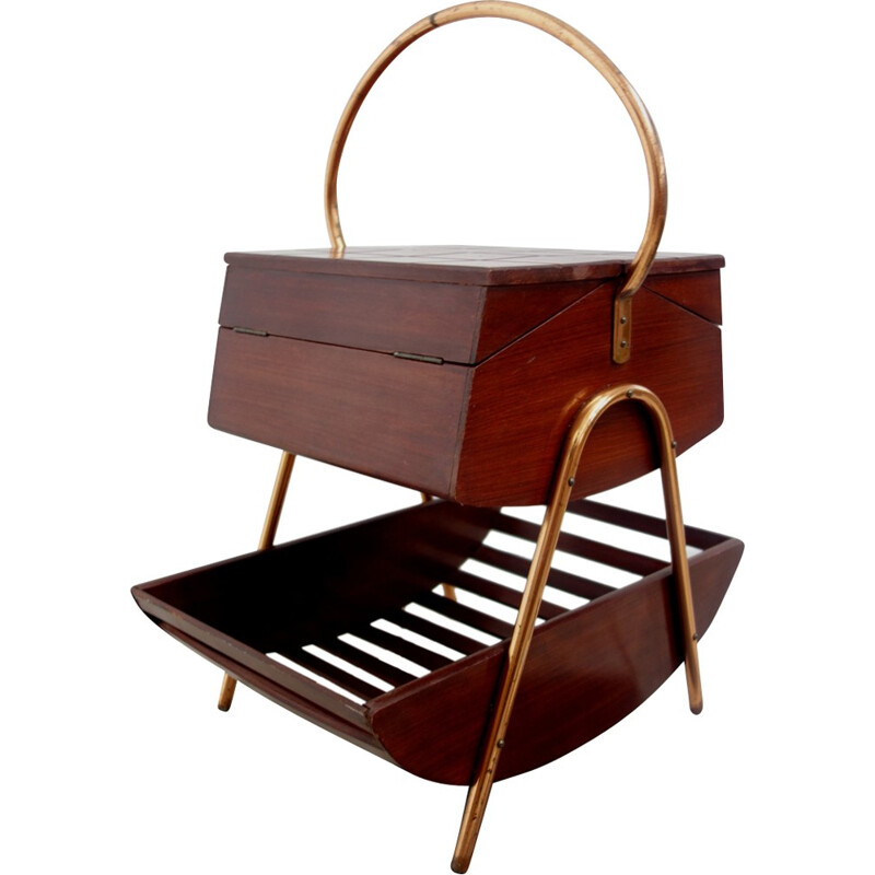 Table à couture portable en bois et laiton - 1950