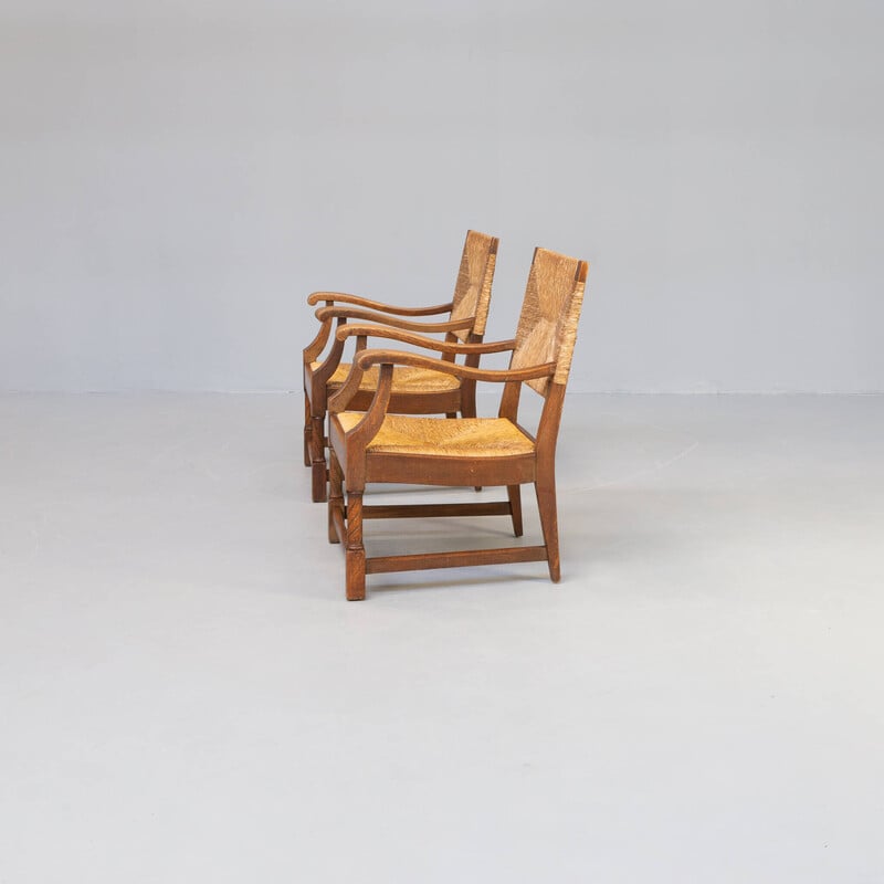 Paar vintage eikenhout en rieten fauteuils