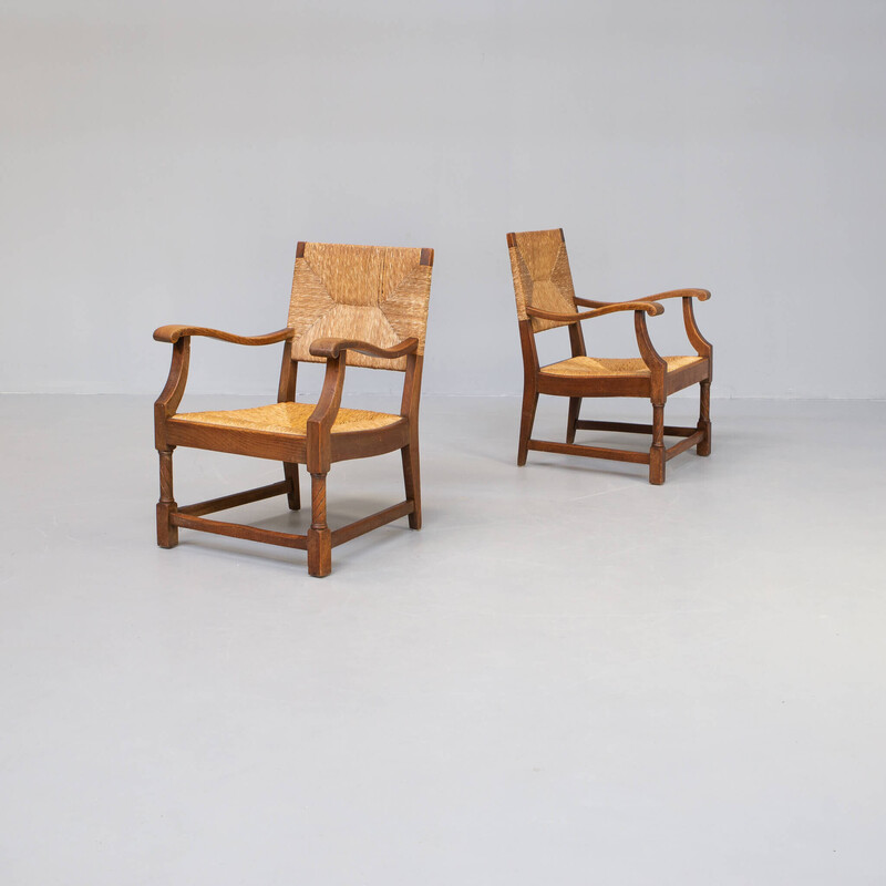 Pair of vintage oakwood and wicker armchairs