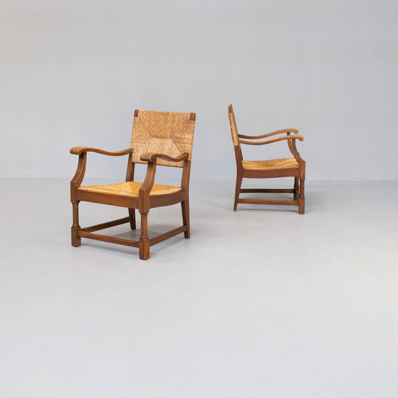 Pair of vintage oakwood and wicker armchairs
