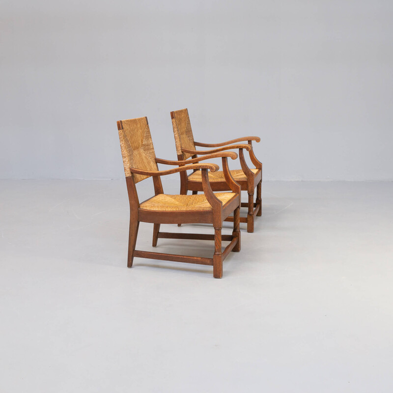 Paar vintage eikenhout en rieten fauteuils