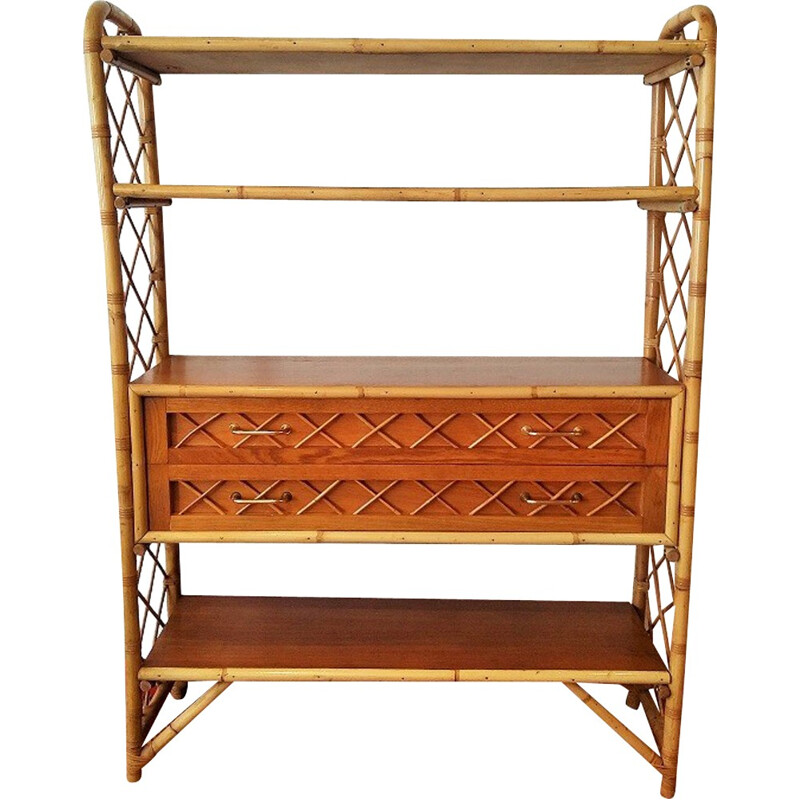 Rattan bookcase with 4 shelves and 2 drawers - 1960s