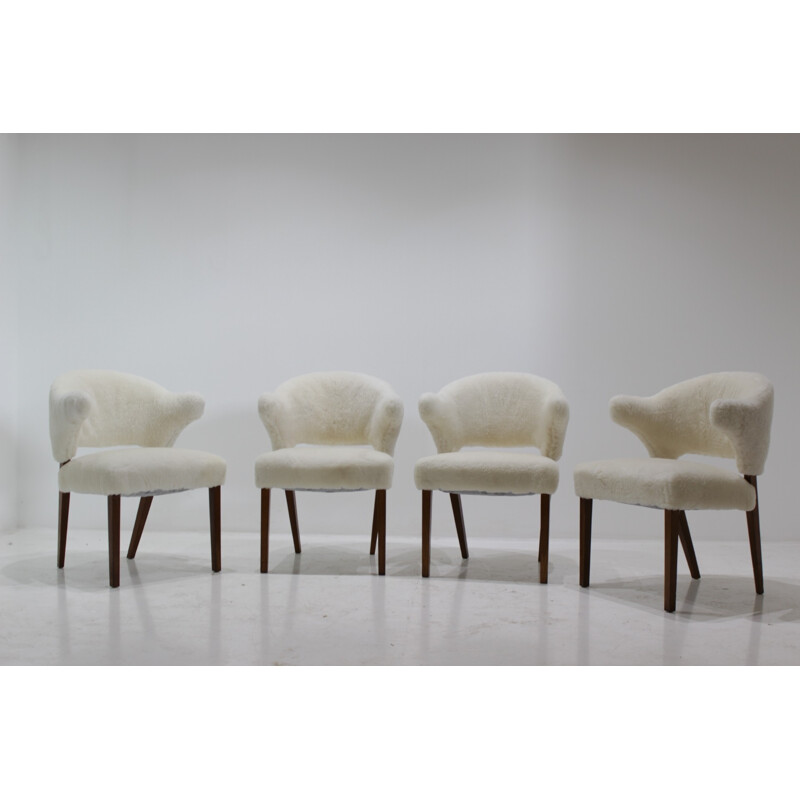 Set of 4 danish oak armchairs with sheepskin upholstery - 1960s 