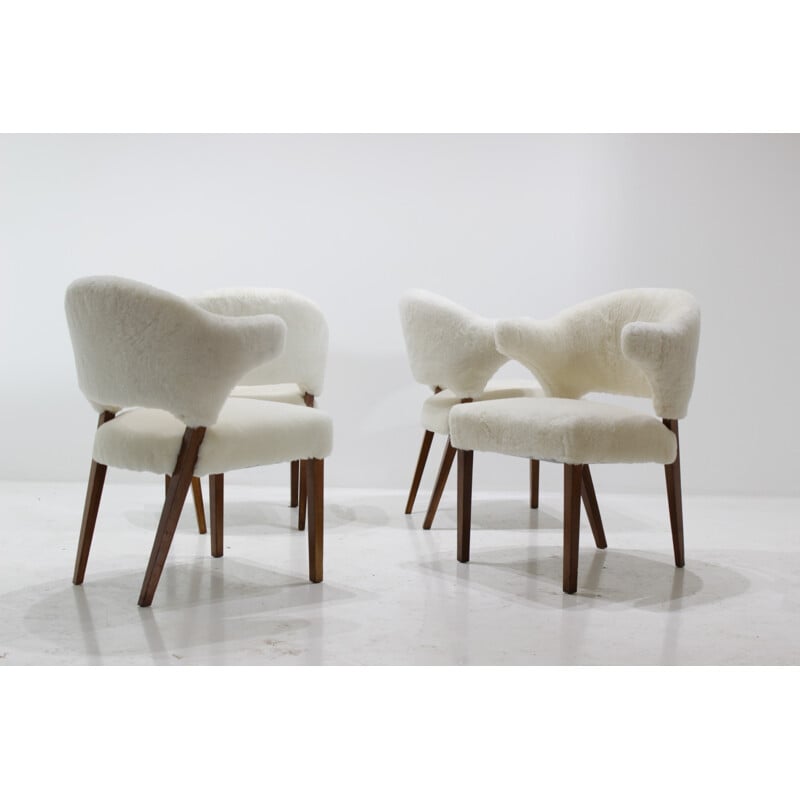 Set of 4 danish oak armchairs with sheepskin upholstery - 1960s 