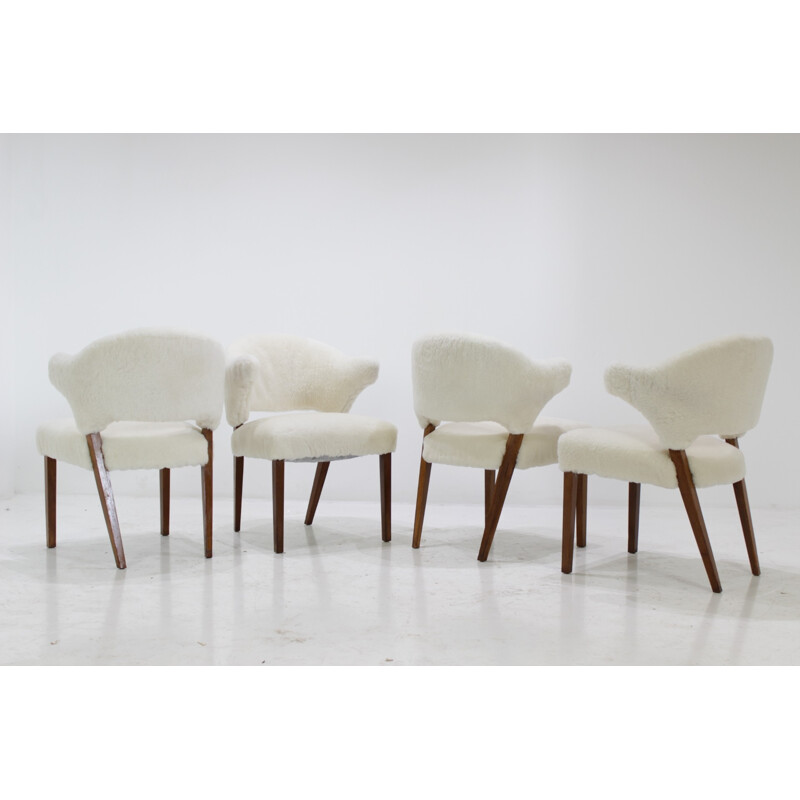 Set of 4 danish oak armchairs with sheepskin upholstery - 1960s 