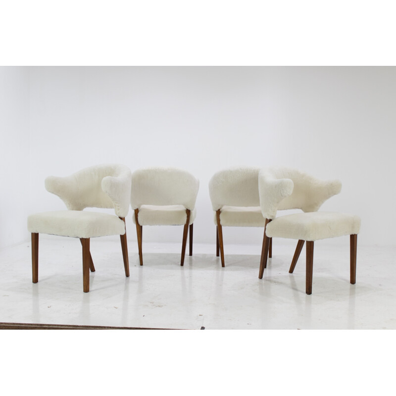 Ensemble de 4 fauteuils en chêne danois en peau de mouton - 1960