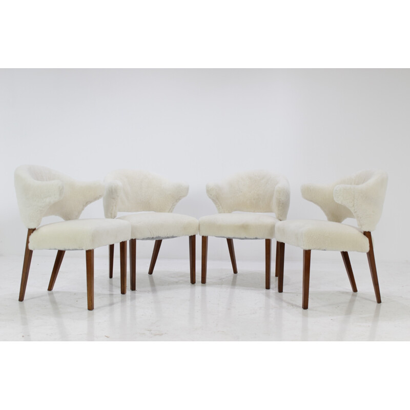 Set of 4 danish oak armchairs with sheepskin upholstery - 1960s 