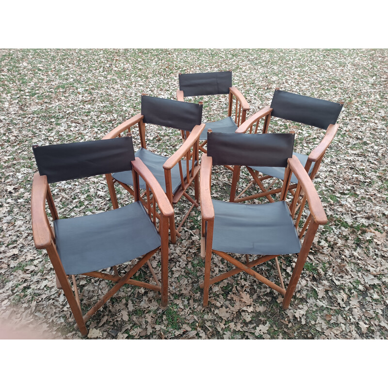 Set of 5 vintage folding armchairs in oiled beechwood and leather, 1950