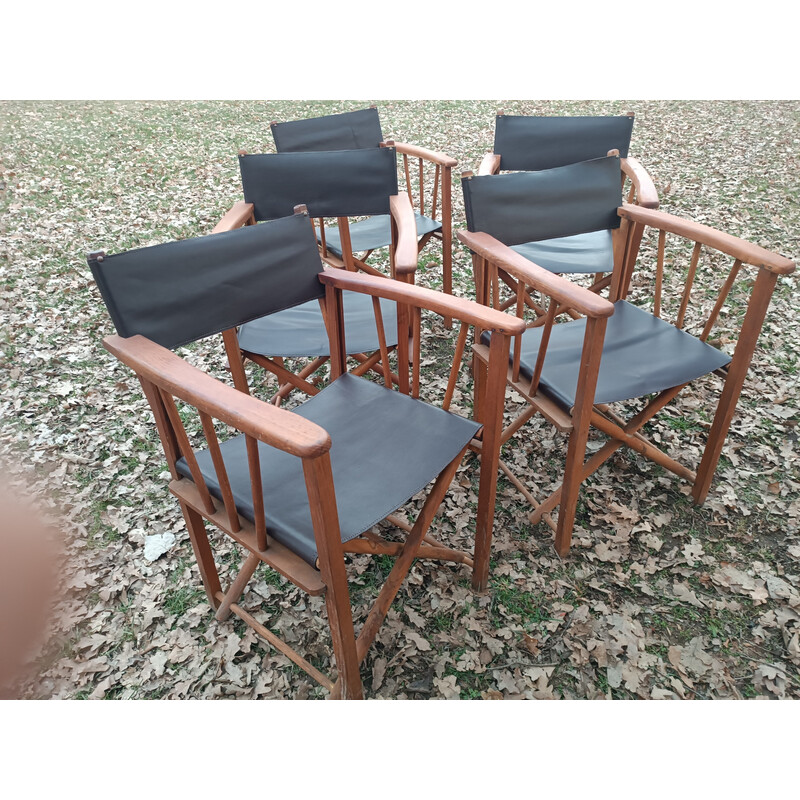 Set of 5 vintage folding armchairs in oiled beechwood and leather, 1950