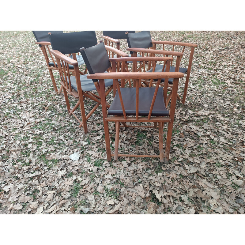 Set of 5 vintage folding armchairs in oiled beechwood and leather, 1950