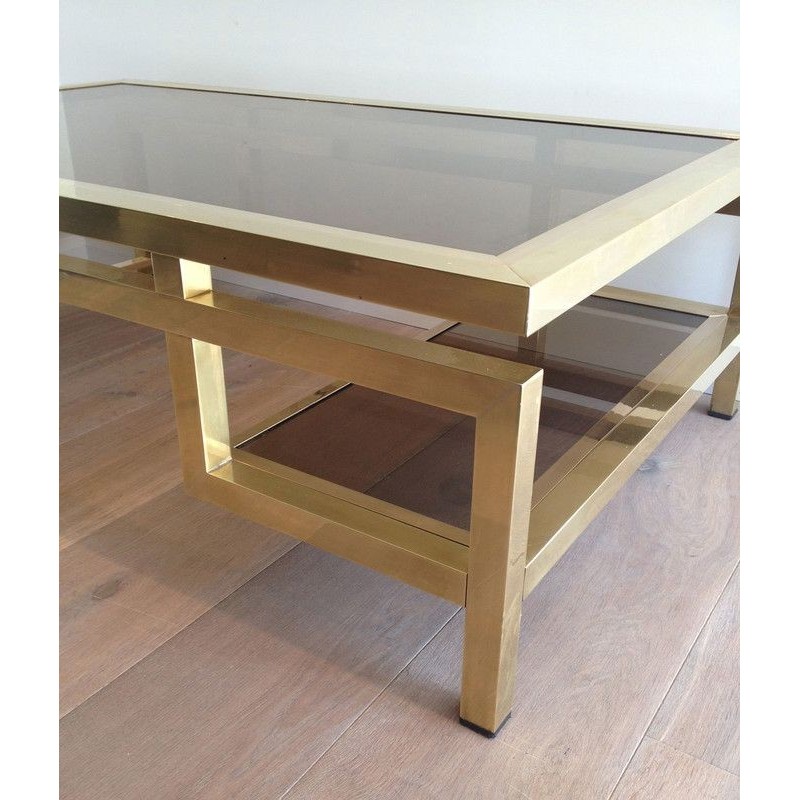 Vintage brass coffee table with smoked glass top by Guy Lefèvre for Jansen, 1970