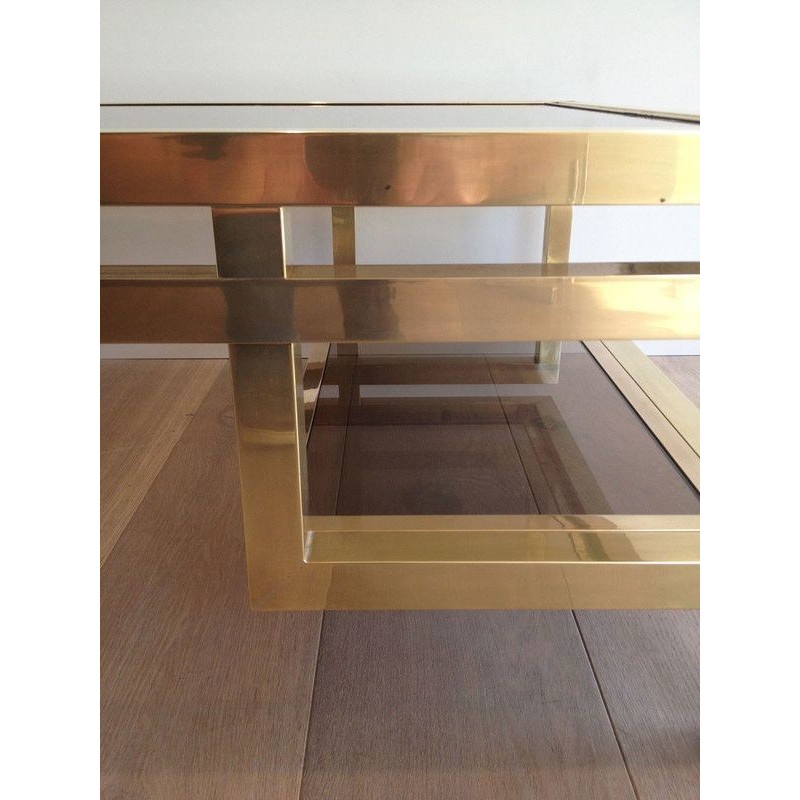 Vintage brass coffee table with smoked glass top by Guy Lefèvre for Jansen, 1970