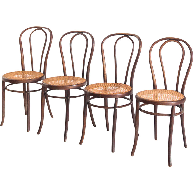 Ensemble de 4 chaises vintage en bois courbé et cannage, France 1950