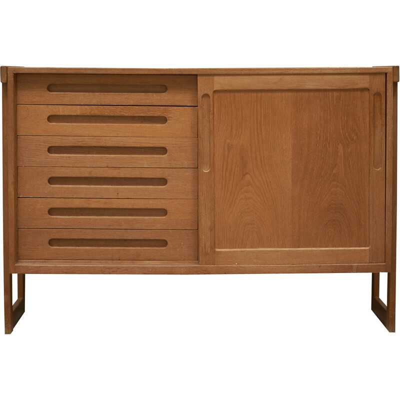 Credenza vintage in legno di quercia con 1 anta scorrevole e 6 cassetti, Danimarca, anni '70