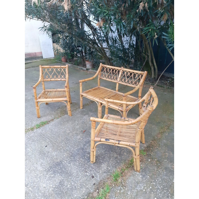 Conjunto de sala de estar Vintage em bambu, 1970