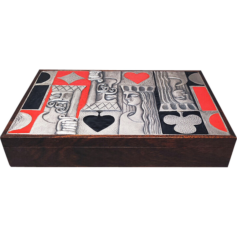 Vintage sterling silver, enamel and wood playing card box by Ottaviani, Italy 1960s