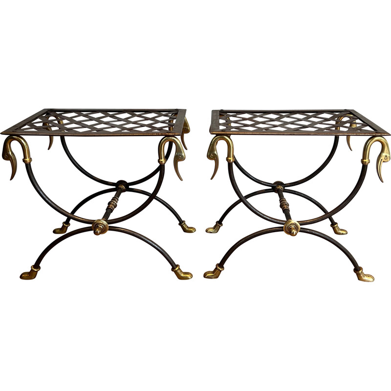 Pair of vintage ornate steel and brass stools, France 1940s