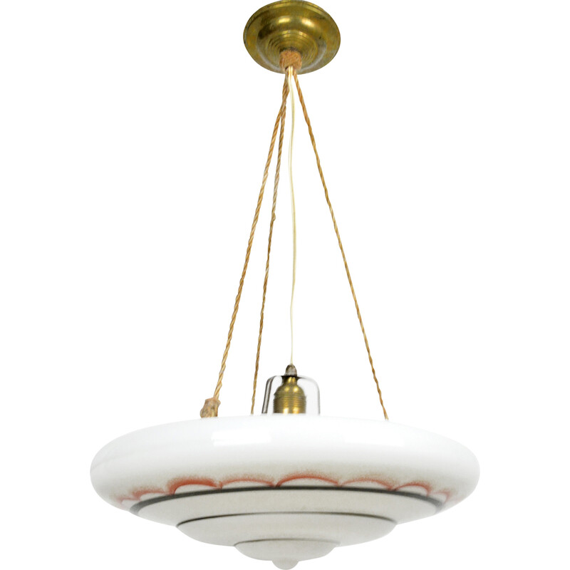 Vintage art deco pendant lamp in glass and brass, Poland 1960