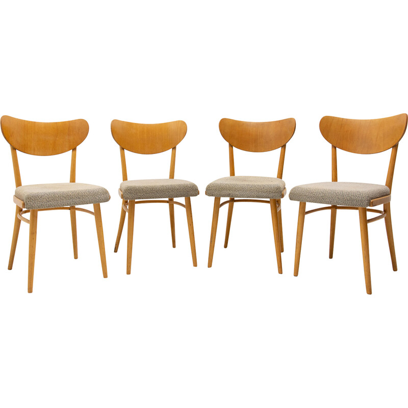 Conjunto de 4 cadeiras vintage em faia e tecido, Checoslováquia 1960