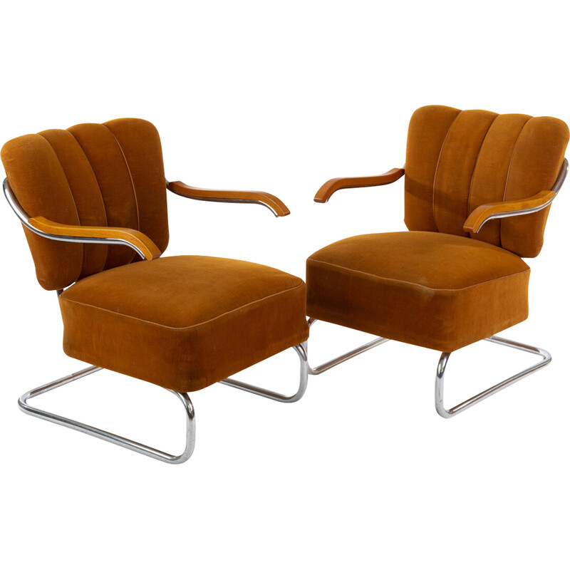 Pair of vintage cantilever armchairs in beech and velvet, 1930