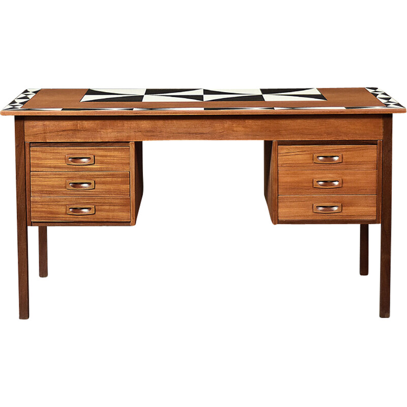 Bureau vintage scandinave en reak avec motif peint à la main sur le dessus, Danemark 1960