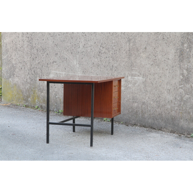 Mahogany desk with 3 drawers and metallized legs - 1970s