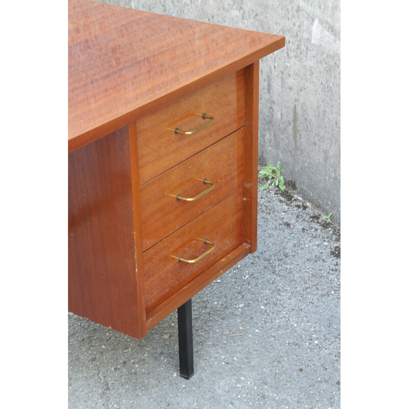 Mahogany desk with 3 drawers and metallized legs - 1970s