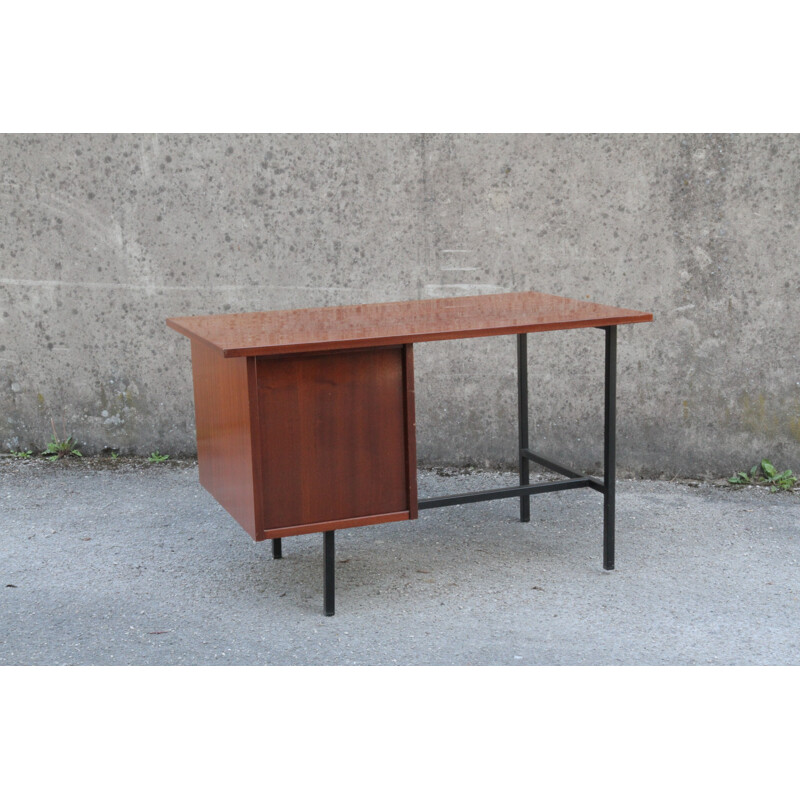 Mahogany desk with 3 drawers and metallized legs - 1970s