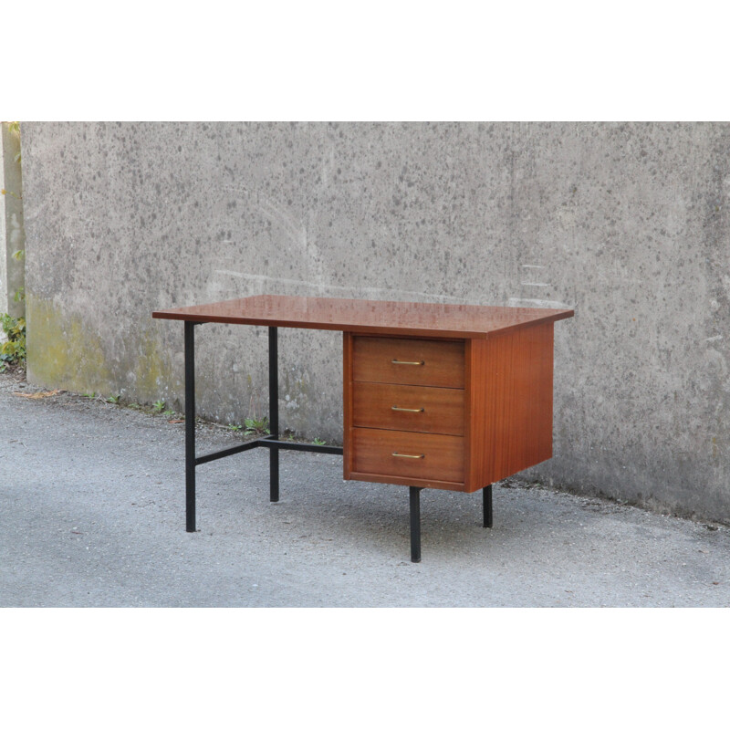 Mahogany desk with 3 drawers and metallized legs - 1970s