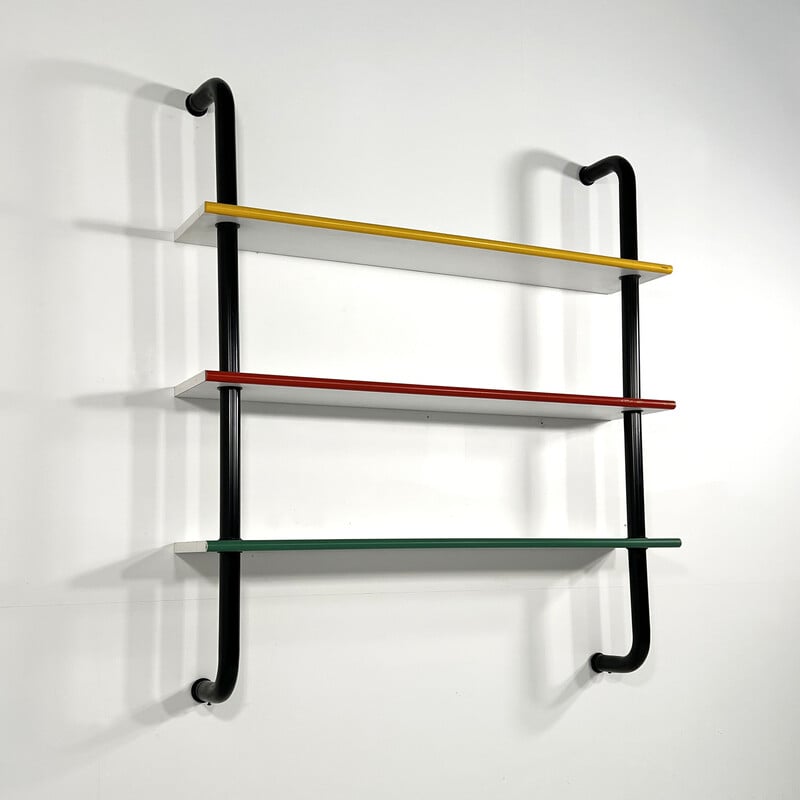 Vintage tubular wall unit in metal, wood and laminate, 1980s