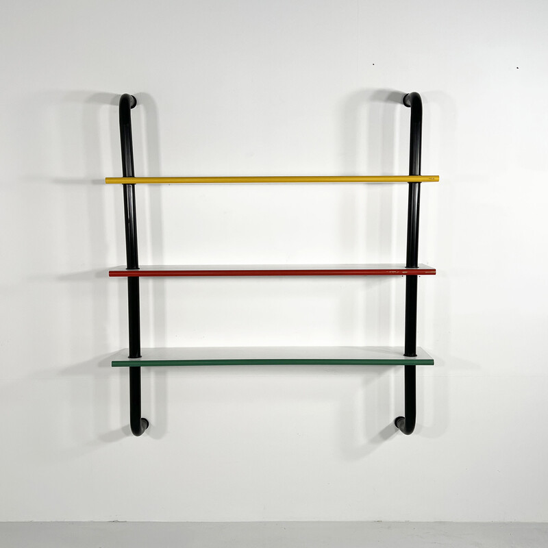 Vintage tubular wall unit in metal, wood and laminate, 1980s