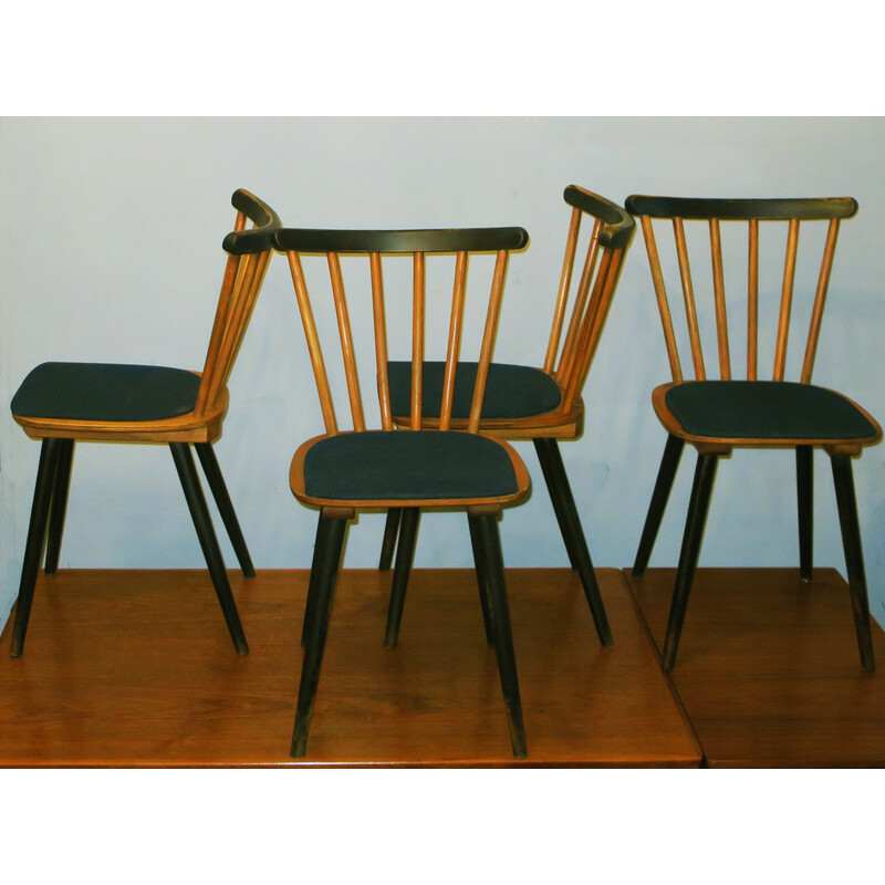 Conjunto de 4 cadeiras vintage em madeira e tecido azul-verde marinho, anos 50
