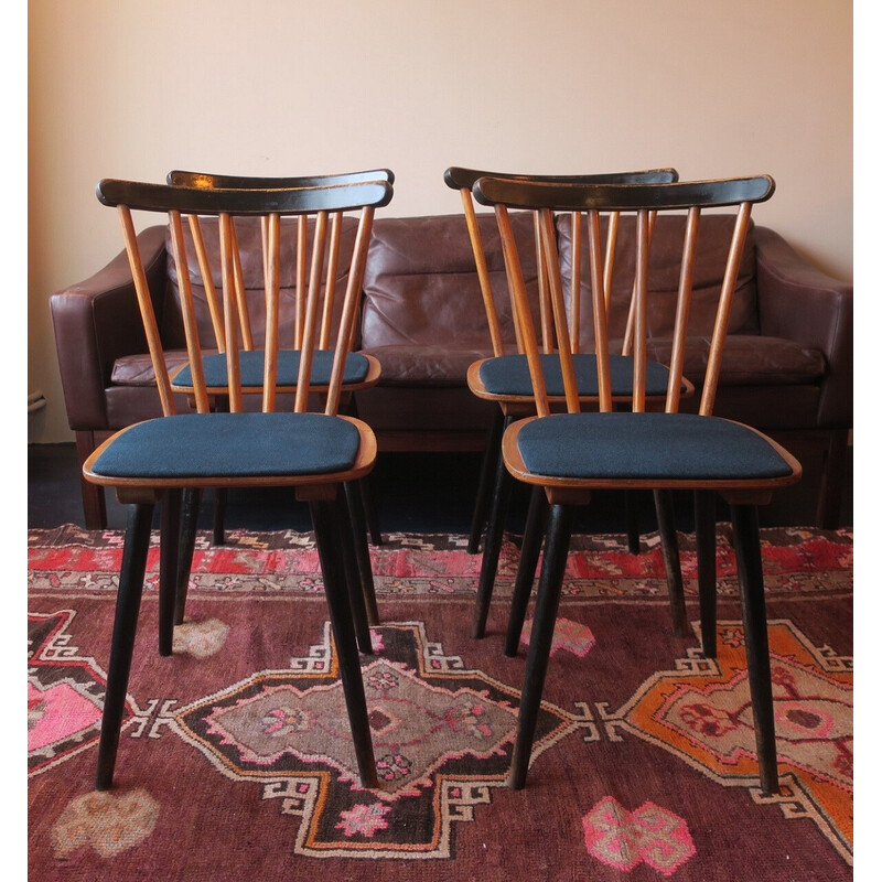 Set of 4 vintage chairs in wood and sea blue-green fabric, 1950s