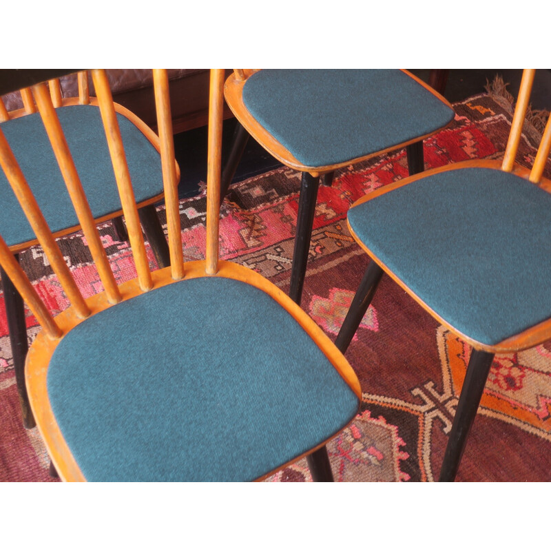 Set of 4 vintage chairs in wood and sea blue-green fabric, 1950s
