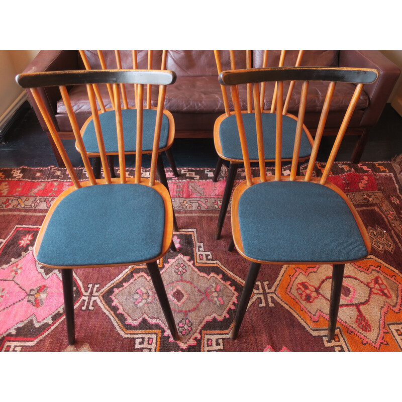 Set of 4 vintage chairs in wood and sea blue-green fabric, 1950s