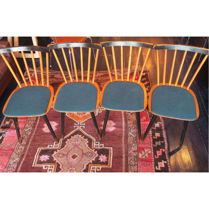 Conjunto de 4 cadeiras vintage em madeira e tecido azul-verde marinho, anos 50