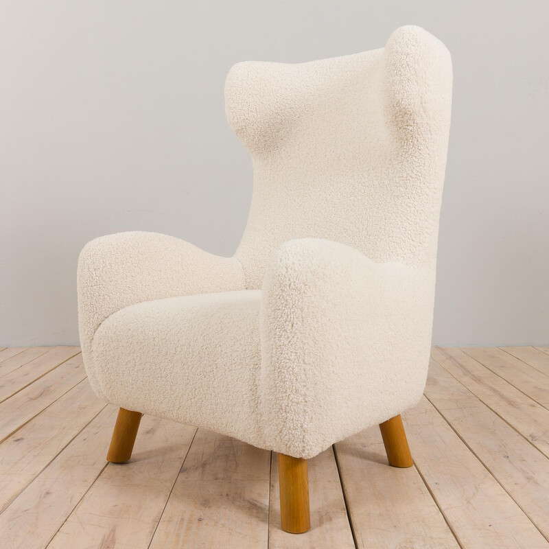 Vintage fauteuil in boucle stof en eikenhout, Denemarken 1960