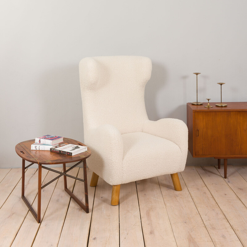 Sillón vintage de tela boucle y madera de roble, Dinamarca Años 60