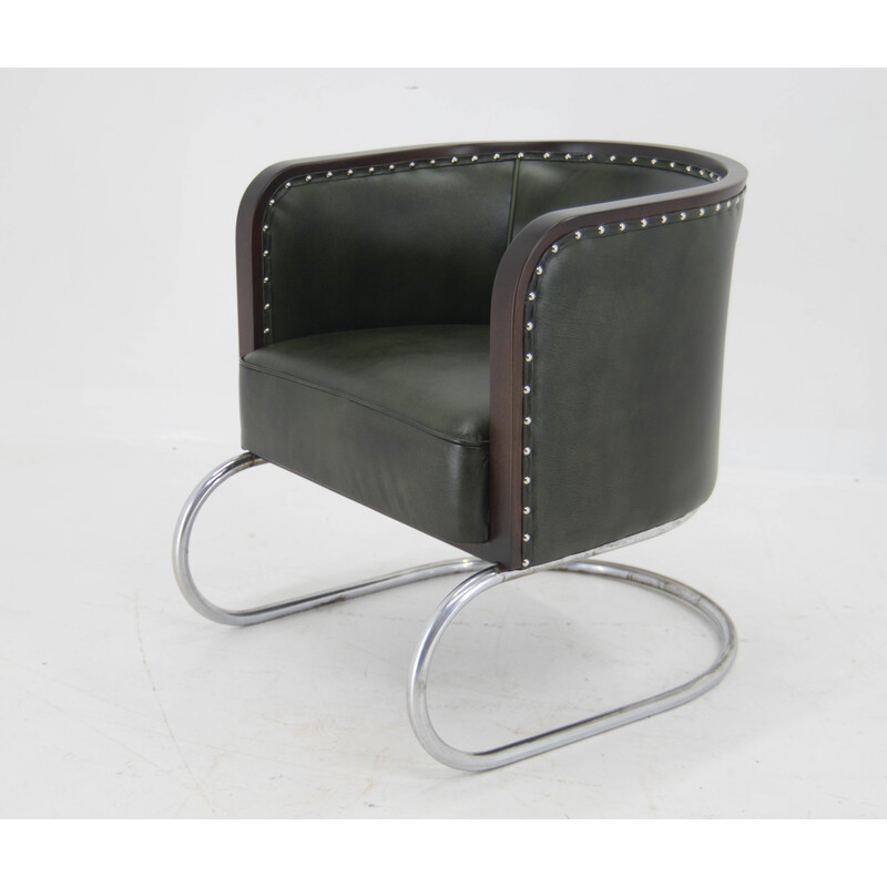 Vintage Bauhaus buisvormige fauteuil in groen leer, jaren 1920