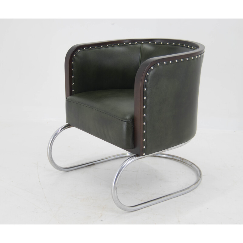 Vintage Bauhaus tubular armchair in green leather, 1920s