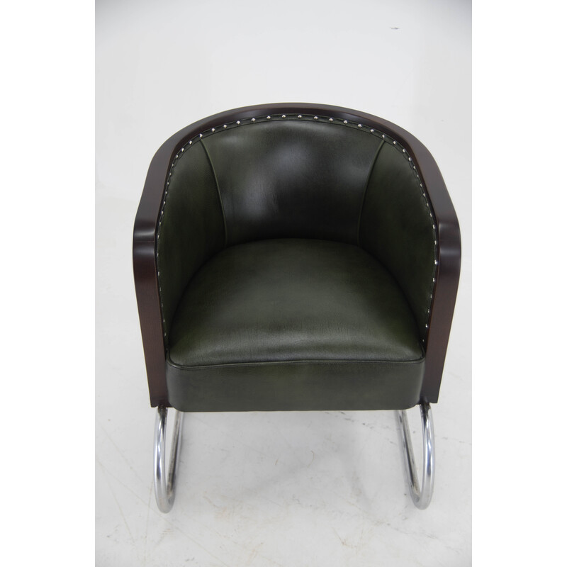 Vintage Bauhaus buisvormige fauteuil in groen leer, jaren 1920