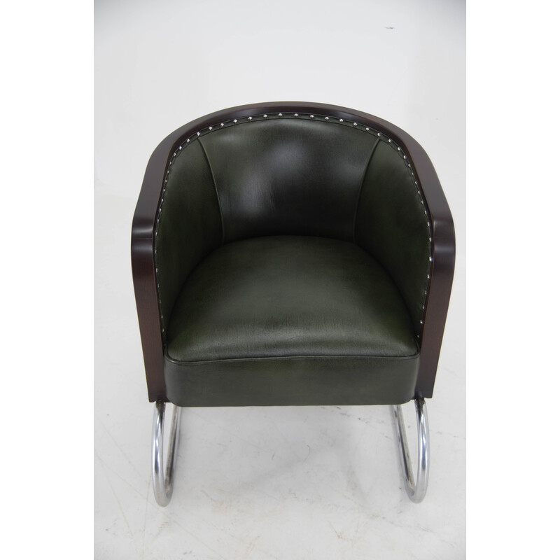 Vintage Bauhaus tubular armchair in green leather, 1920s