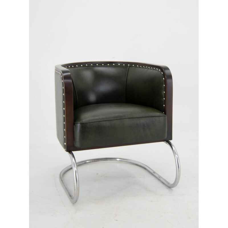 Vintage Bauhaus tubular armchair in green leather, 1920s