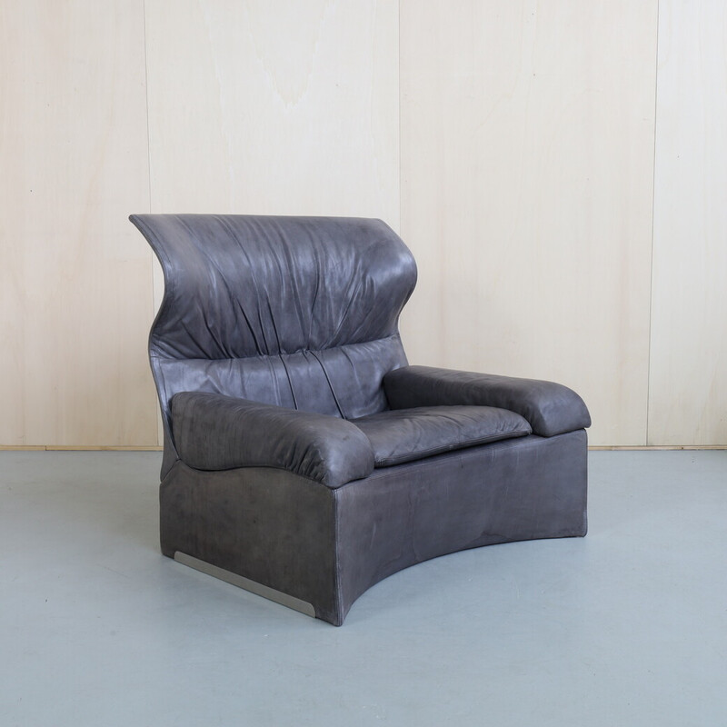 Vintage "Vela Alta" fauteuil met voetenbankje in leer van Saporiti, 1970