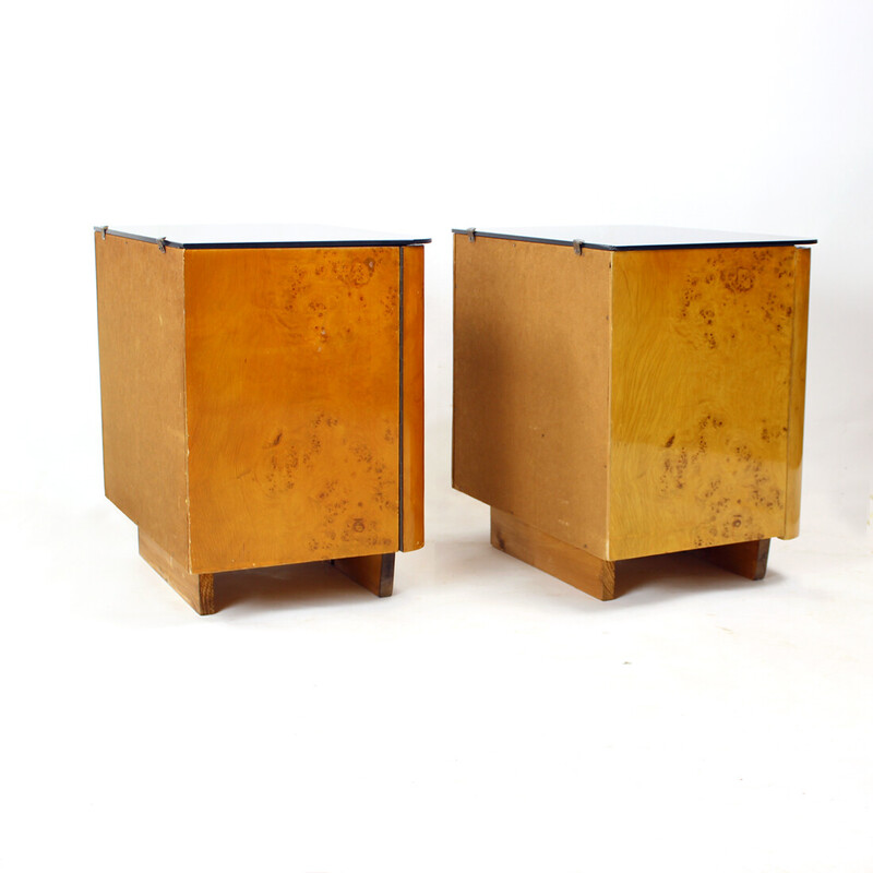 Pair of vintage night stands in wood and glass, Czechoslovakia 1940s
